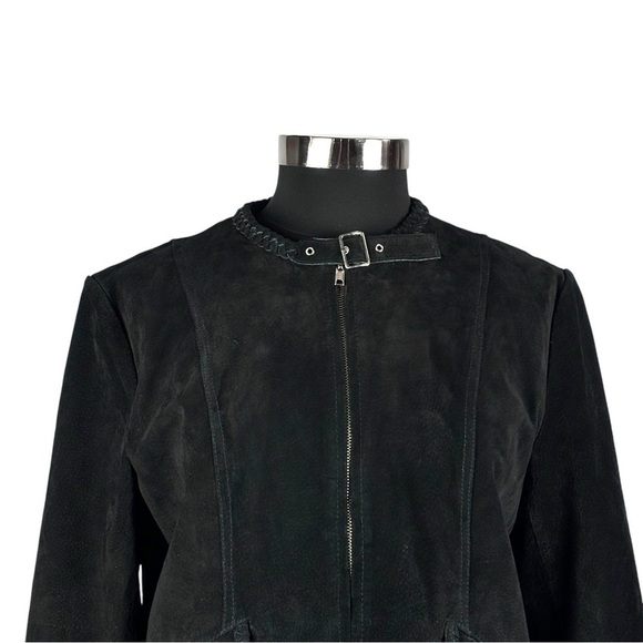 METRO STYLE Y2K SUEDE BLACK LEATHER BRAIDED COLLARLESS MOTO BIKER JACKET - Picture 8 of 15